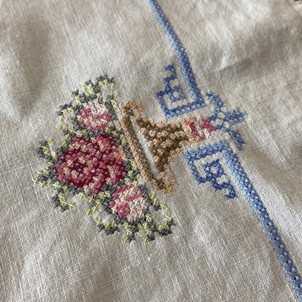 Vintage Embroidered Square Tablecloth - White with Pastel Floral Accents!